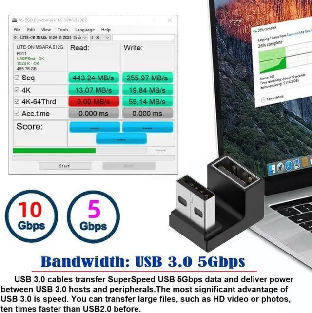 Alt view image 4 of 7 - Jimier 10Gbps USB3.0 Male to Female Extension Power Data Video Adapter 360 Degree Up Opposite U Shape Back Angled