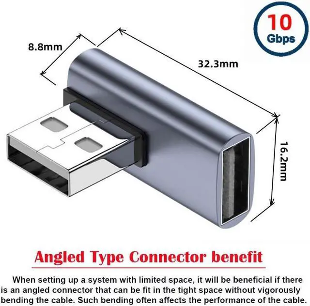 Alt view image 3 of 7 - Cablecc 10Gbps USB3.0 Male to Female Extension Power Data Video Adapter Low Profile 90 Degree Right Angled Type
