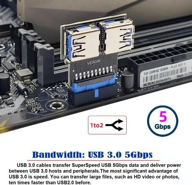 Alt view image 4 of 7 - Xiwai Dual USB 3.0 A Type Female to Motherboard 20/19 Pin Box Header Slot Adapter 5Gbps Horizontal Type PCBA
