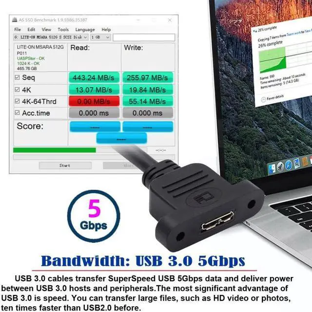 Alt view image 5 of 7 - Xiwai Type-B USB 3.0 Male to Micro 3.0 Type-B Female Screw Mount Type Extension Cable 5Gbps