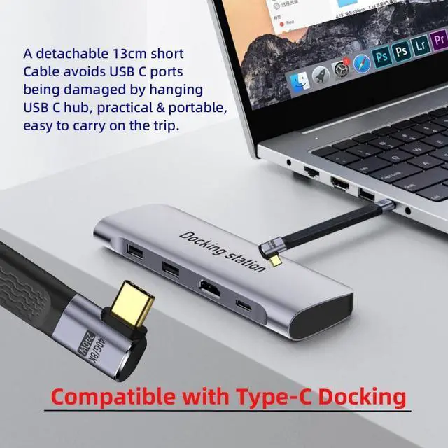 Alt view image 5 of 7 - Xiwai Right Angled 240W Type-C USB-C Male to Male USB4 40Gbps 100W 8K Flat Slim FPC Data Cable for Laptop Phone 13cm