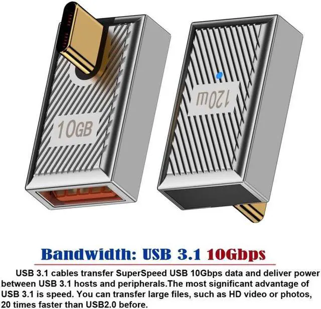 Alt view image 5 of 7 - Jimier USB-C USB 3.1 Type C Male to USB 3.0 A Female 10Gbps OTG Data 120W Power Low Profile Angled Adapter Alloy Shell Mecha Cyberpunk Style