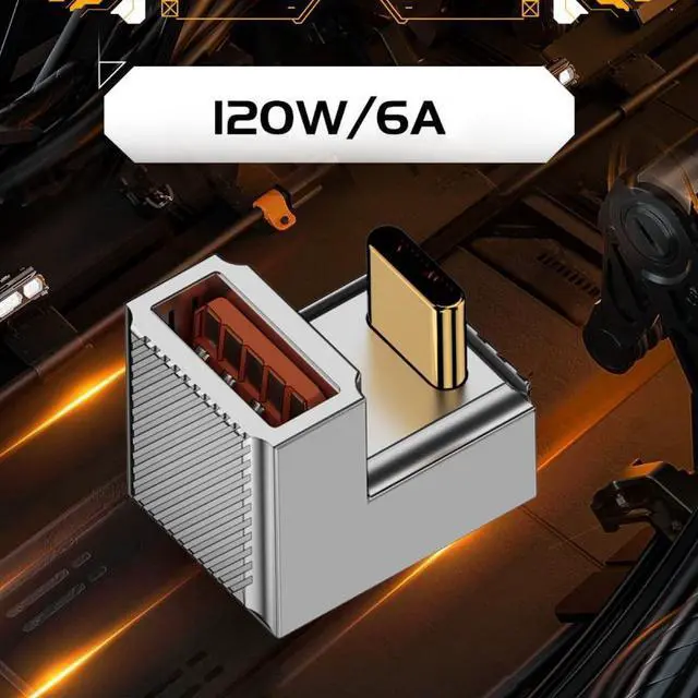 Alt view image 6 of 7 - Cablecc USB-C USB 3.1 Type C Male to USB 3.0 A Female 10Gbps OTG Data 120W Power Opposite U Shape Back Angled Adapter Alloy Shell Mecha Cyberpunk Style