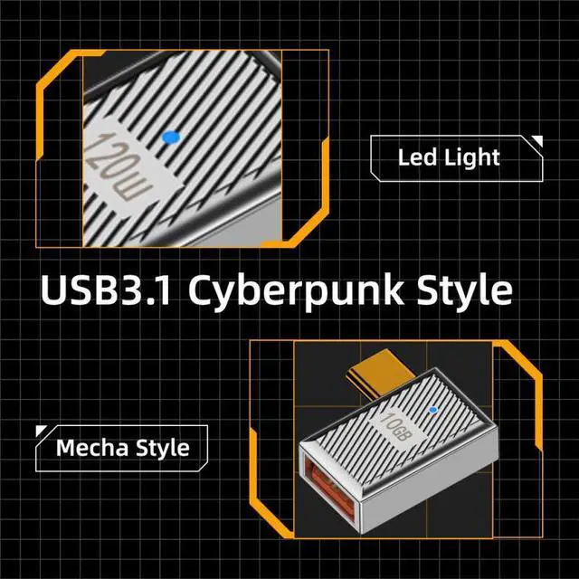 Alt view image 5 of 7 - Xiwai USB-C USB 3.1 Type C Male to USB 3.0 A Female 10Gbps OTG Data 120W Power Left Right Angled Adapter Alloy Shell Mecha Cyberpunk Style