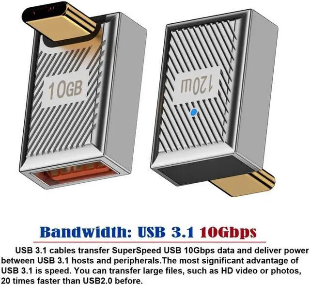 Main image of HKCY USB-C USB 3.1 Type C Male to USB 3.0 A Female 10Gbps OTG Data 120W Power Up Down Angled Adapter Alloy Shell Mecha Cyberpunk Style