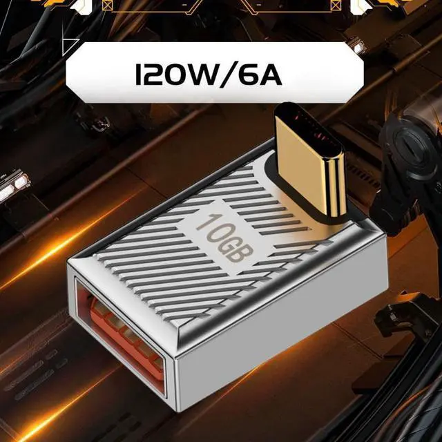Alt view image 3 of 7 - HKCY USB-C USB 3.1 Type C Male to USB 3.0 A Female 10Gbps OTG Data 120W Power Up Down Angled Adapter Alloy Shell Mecha Cyberpunk Style