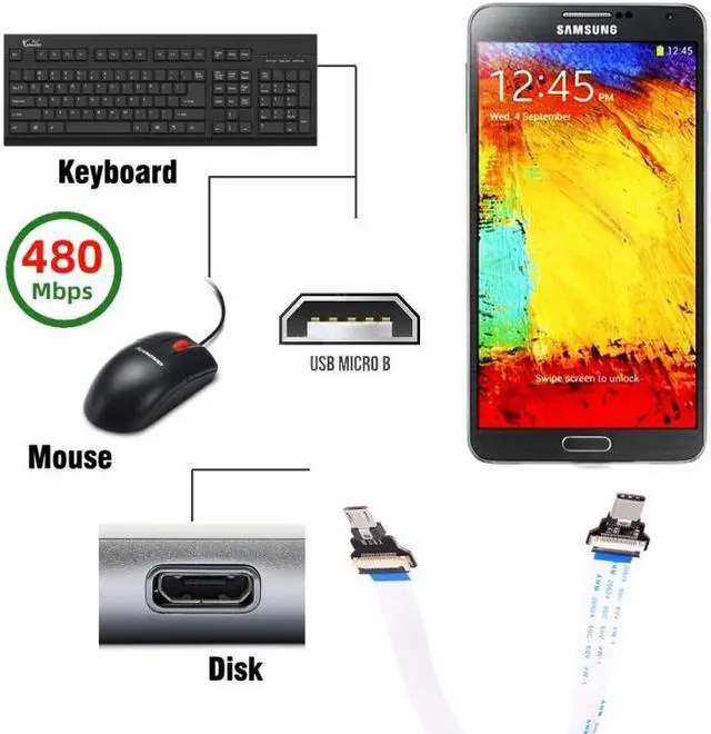 Alt view image 6 of 7 - Jimier OTG USB-C Type-C Male Host to 5Pin Micro USB 2.0 Male Target Data Flat Slim FPC Cable 13cm for FPV Disk Phone Laptop