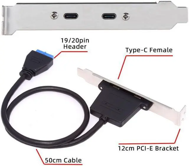 Alt view image 7 of 7 - Xiwai USB3.0 Motherboard 19/20Pin to USB-C Type-C Dual Ports Female PCI-E Back Panel 5Gbps Cable
