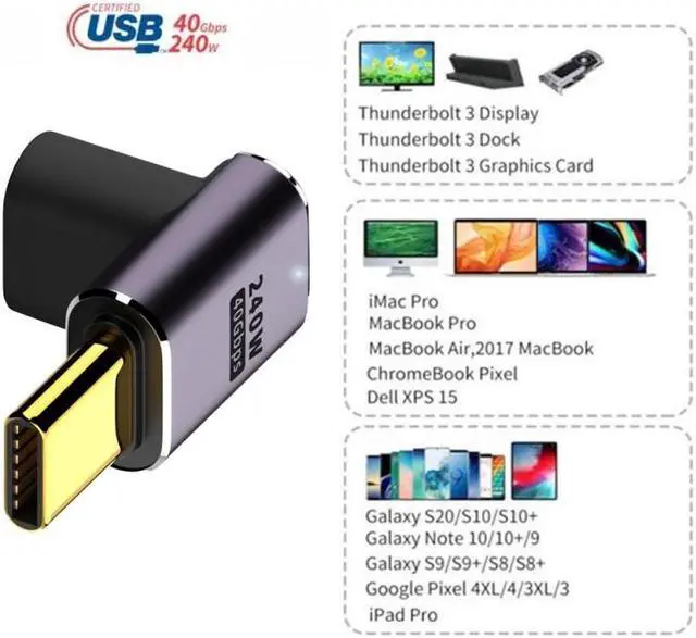 Alt view image 7 of 7 - Jimier USB4 Type C Male to Female 240W Power 40Gbps Data 8K Video Adapter Low Profile Up Down Angled for NS Phone Laptop