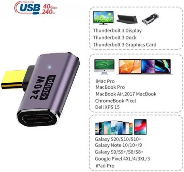 Alt view image 7 of 7 - Jimier USB4 Type C Male to Female 240W Power 40Gbps Data 8K Video Adapter Left Right Angled for NS Phone Laptop