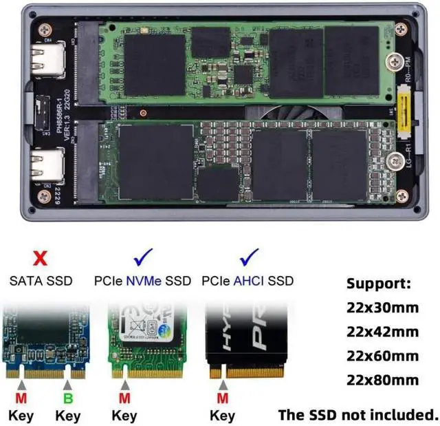 Alt view image 4 of 7 - HKCY Dual NVME M.2 NGFF M-Key to USB-C Type-C Raid0 Raid1 JBOD Big Enclosure 20Gbps with Fan Raid0 Hyper Adapter