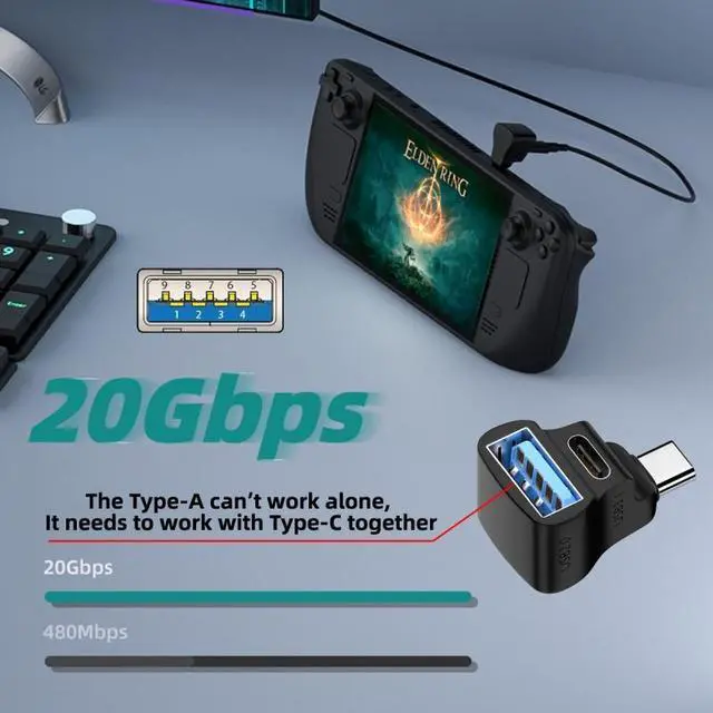 Alt view image 6 of 7 - Chenyang 10Gbps USB3.1 Type C Male to Dual Type-A OTG & Type-C Female Power Data Splitter Adapter Angled Compatible with Steam Deck Laptop