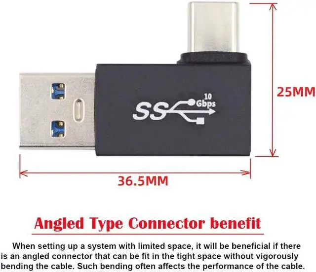 Alt view image 3 of 7 - Jimier Right Angled USB3.0 Type A Male to USB 3.1 Type C Male Data 10Gbps Charge Adapter 90 Degree for Laptop Phone