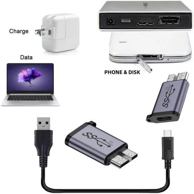 Alt view image 7 of 7 - Jimier USB-C USB 3.1 Type C Female to Micro USB 3.0 Male Data Adapter 10Gbps Data Power with Chain for Laptop SSD Disk