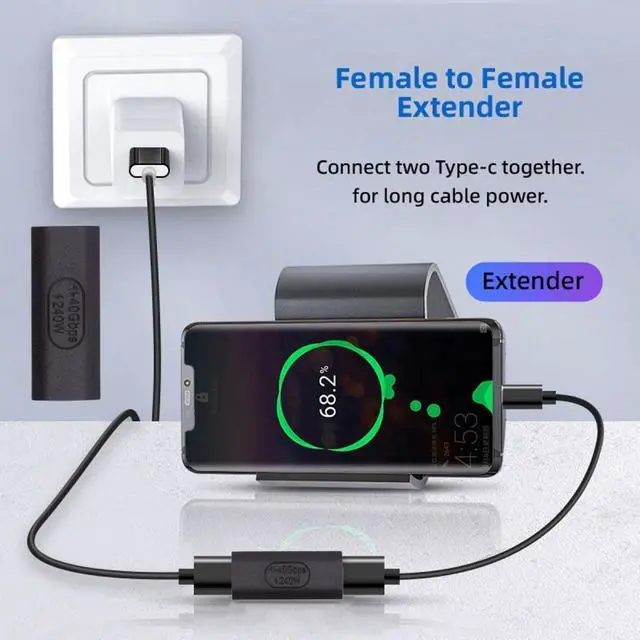 Alt view image 3 of 7 - Xiwai USB4 Type C Female to Female Extension 240W Power 40Gbps Data 8K Video Extender Adapter for NS Phone Laptop