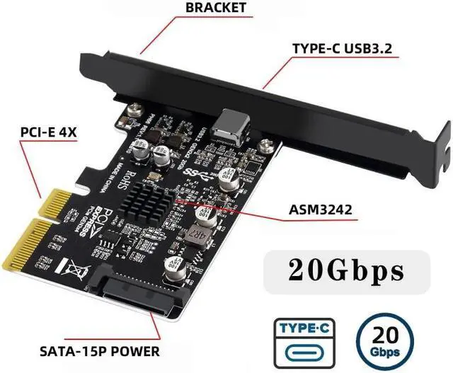 Main image of Cablecc USB 3.2 Gen2 Type-C 20Gbps USB-C to PCI-E 4X Express Card Adapter for Desktop Motherboard