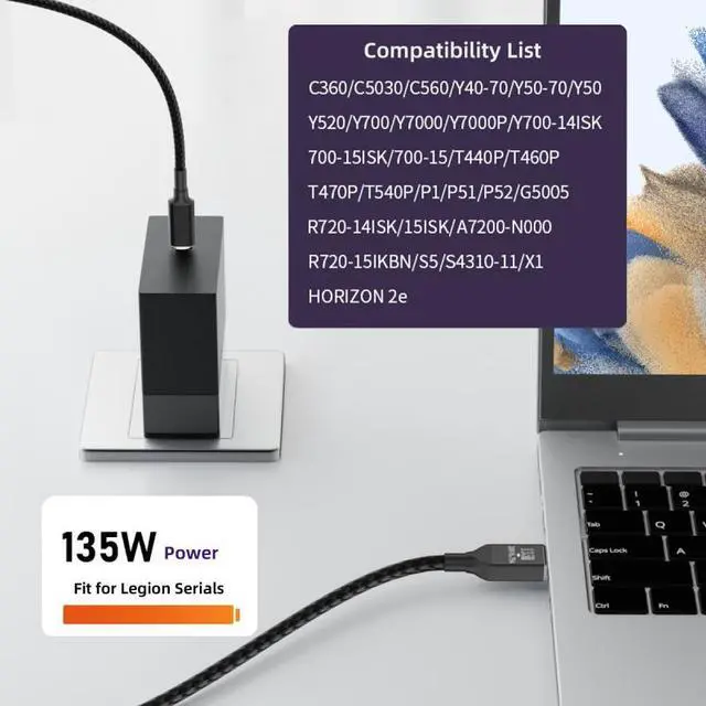 Alt view image 6 of 7 - Jimier Type-C USB-C 135W to DC Rectangle 11.0*4.5mm Power PD Charge Cable for Thinkpad X1 Legion Y7000P Laptop DC20V 6.25A