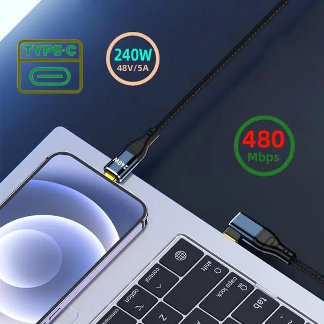 Alt view image 5 of 7 - Jimier 0.5M USB-C 240W Type-C Cable 480Mbps 48V 5A Left Right Angled 90 Degree Compatible with USB2.0 100W Charging for Laptop Tablet Phone