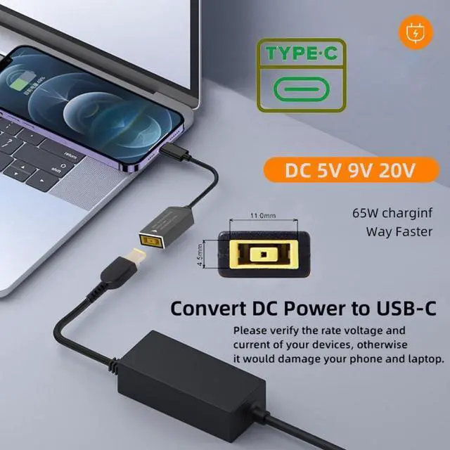 Alt view image 6 of 7 - Jimier Rectangle Jack Thinkpad X1 Input to USB-C Type-C Power Plug Charge Cable for Laptop Phone PD9V 5V 20V