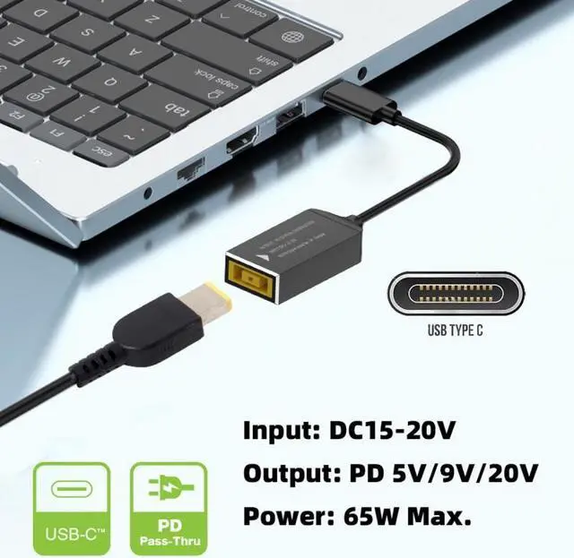 Alt view image 7 of 7 - Jimier Rectangle Jack Thinkpad X1 Input to USB-C Type-C Power Plug Charge Cable for Laptop Phone PD9V 5V 20V