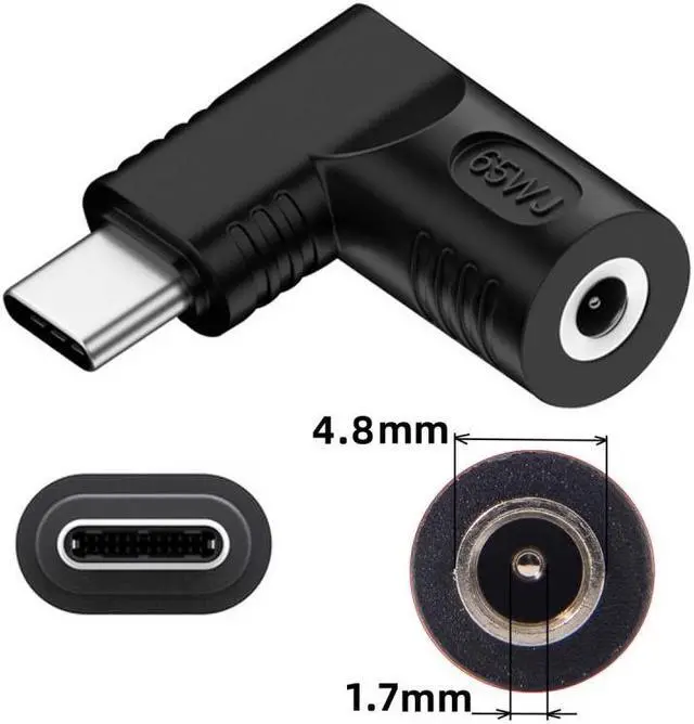 Alt view image 3 of 7 - Jimier DC Jack 4.8x1.7mm Input to USB-C Type-C Angled 90 Degree Power Plug Charge Adapter for Laptop Phone