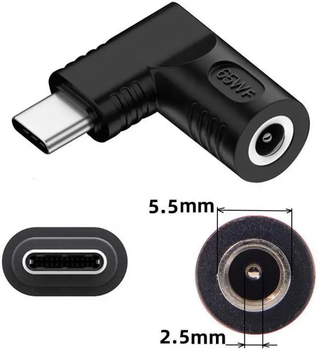 Alt view image 3 of 7 - Jimier DC Jack 5.5x2.5mm Input to USB-C Type-C Angled 90 Degree Power Plug Charge Adapter for Laptop Phone