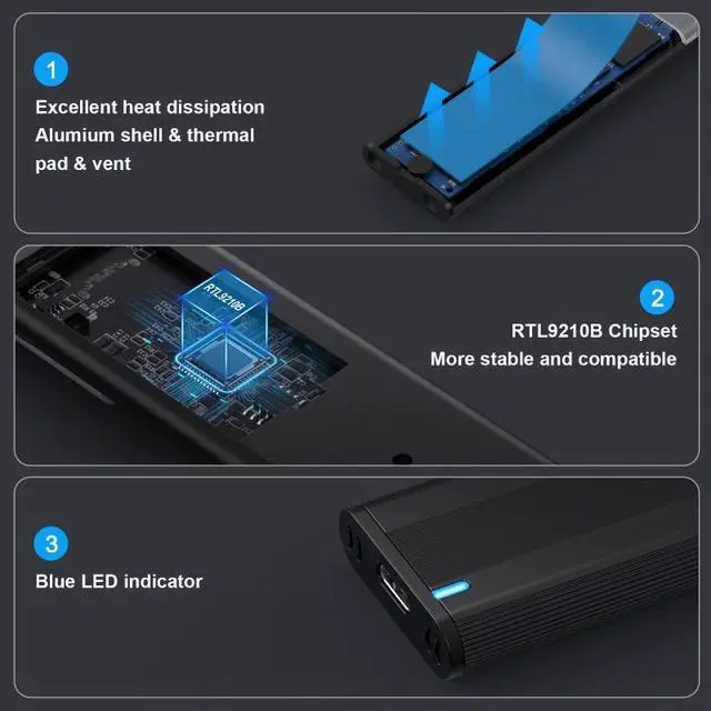 Alt view image 7 of 7 - Jimier USB 3.0 USB-C Type-C to NVME M-key M.2 NGFF SATA SSD External PCBA Case Enclosure RTL9210B Chipset