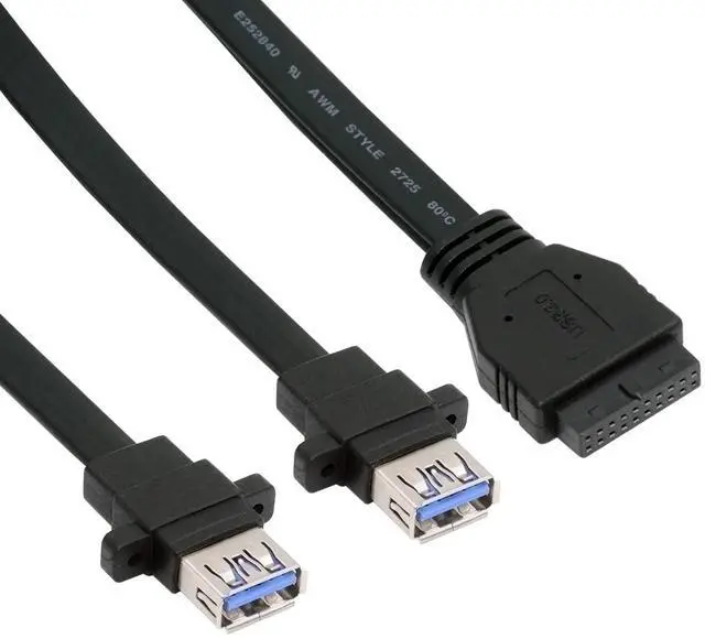 Main image of Jimier Ultra Flat Slim Dual Port USB 3.0 Female Type-A Panel Type to Motherboard 20Pin 19Pin Header Cable 50cm