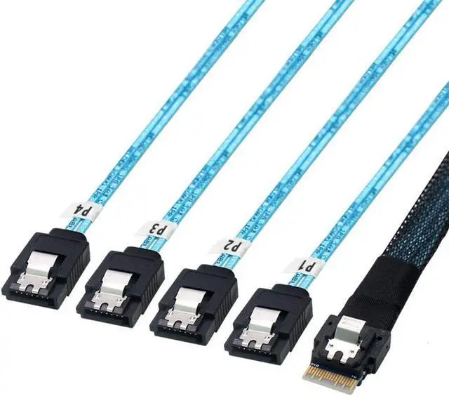 Alt view image 4 of 6 - Jimier Slim Line SAS 4.0 SFF-8654 4i 38pin Host to 4 SATA 7pin Target Hard Disk Fanout Raid Cable 50cm SF-103-0.5M