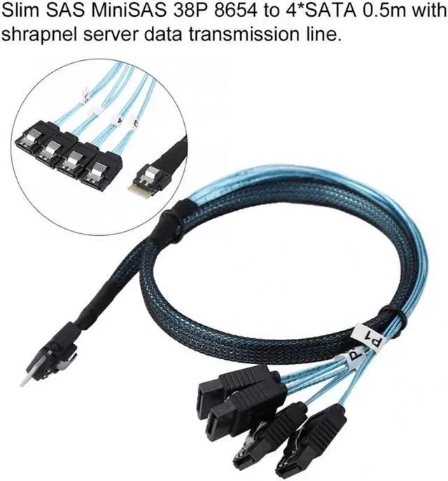 Alt view image 2 of 6 - Jimier Slim Line SAS 4.0 SFF-8654 4i 38pin Host to 4 SATA 7pin Target Hard Disk Fanout Raid Cable 50cm SF-103-0.5M