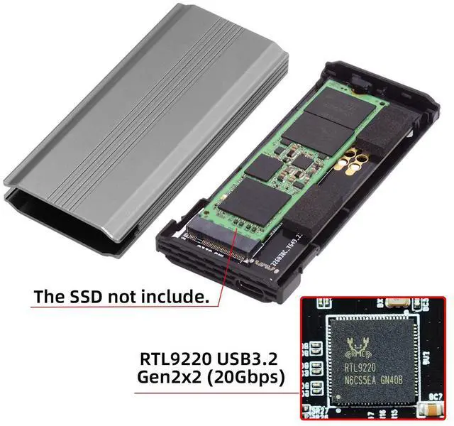 Alt view image 7 of 7 - Jimier Type-C USB3.2 USB4 20Gbps to M-key M.2 NGFF NVME SATA SSD PCBA Enclosure 2280/2242/2260mm RTL9220