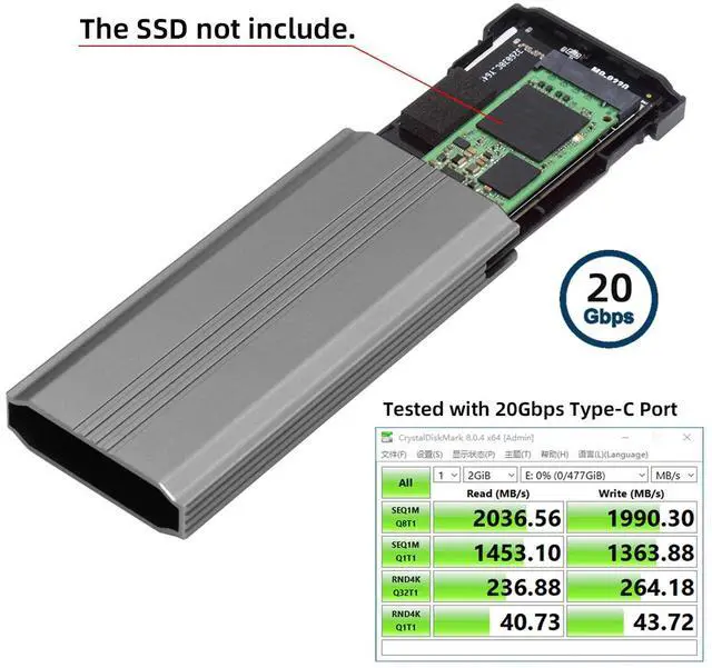 Alt view image 2 of 7 - Jimier Type-C USB3.2 USB4 20Gbps to M-key M.2 NGFF NVME SATA SSD PCBA Enclosure 2280/2242/2260mm RTL9220