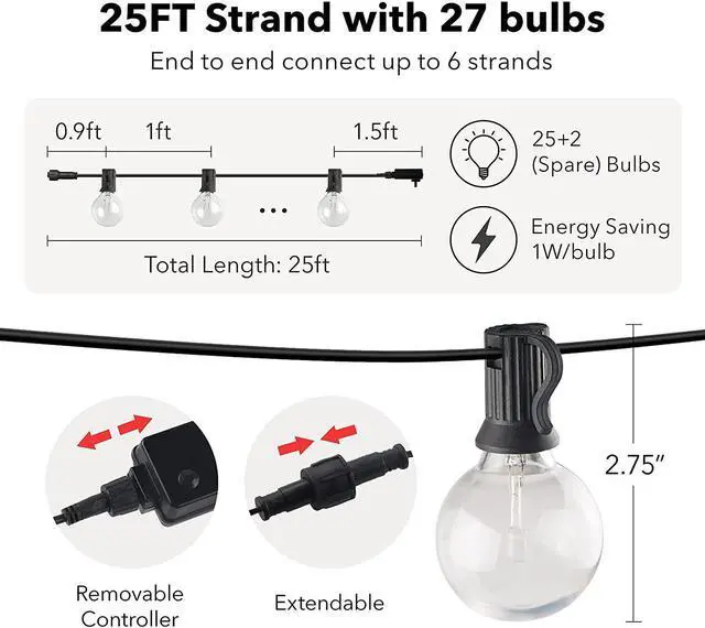 Alt view image 2 of 6 - 25ft Outdoor Remote Control String Lights RGBW 27 LED G40 Bulbs2 Spare