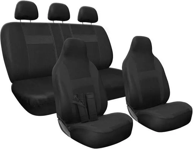 Alt view image 2 of 5 - Seat Cover Complete Set for Car Truck SUV Van - Poly Cloth Solid Black- 10 Piece