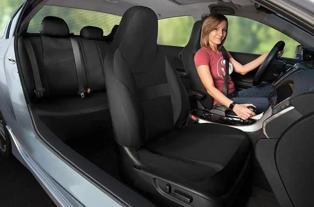 Alt view image 3 of 5 - Seat Cover Complete Set for Car Truck SUV Van - Poly Cloth Solid Black- 10 Piece