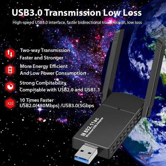 Alt view image 3 of 6 - USB 3.0 WiFi Adapter 1300Mbps Long Range Dual Band 5Ghz Wireless Network Dongle