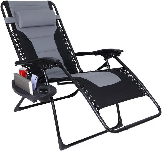 Alt view image 3 of 5 - Oversized Folding Zero Gravity Chair Po Padded Recliner Lounger Backyard Grey