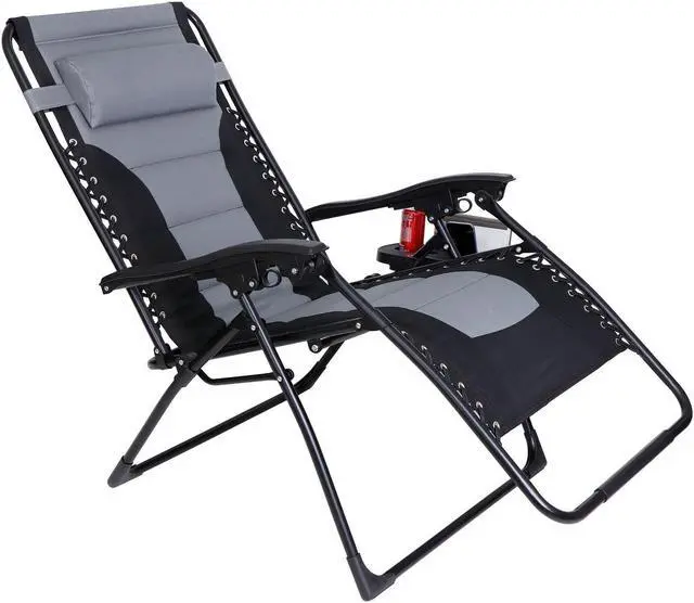 Alt view image 4 of 5 - Oversized Folding Zero Gravity Chair Po Padded Recliner Lounger Backyard Grey