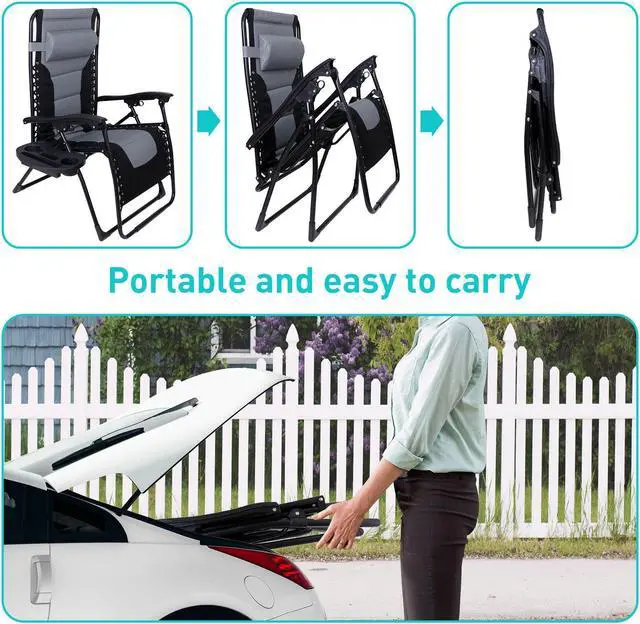 Alt view image 5 of 5 - Oversized Folding Zero Gravity Chair Po Padded Recliner Lounger Backyard Grey