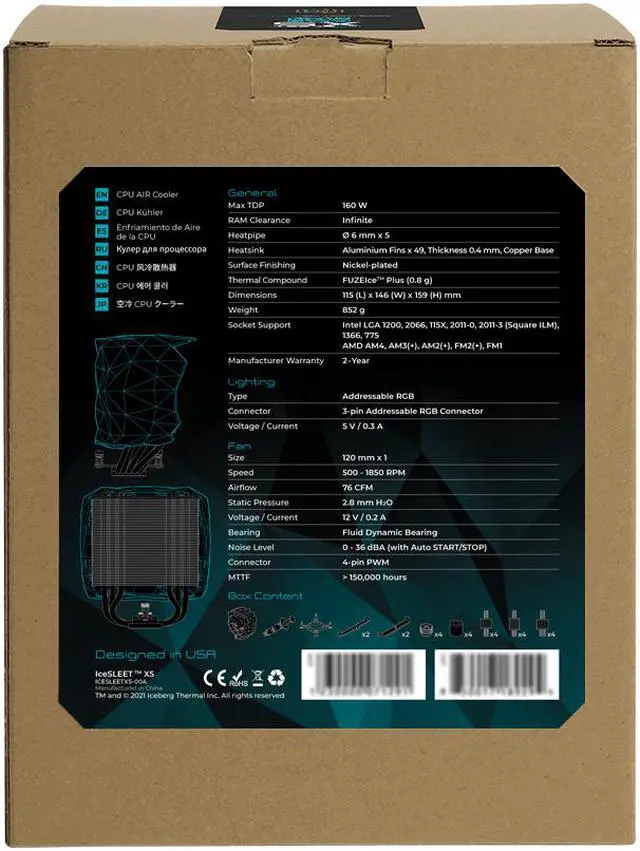 Alt view image 7 of 7 - Iceberg Thermal IceSLEET X5 Intel & AMD High Performance CPU Cooler 5 Heat Pipe Nickel Plating Addressable RGB ARGB 120mm PWM Fan LGA 1700 AM5 Compatible