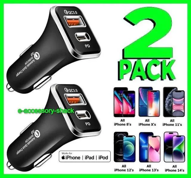 Main image of 2 Pack Dual Port USB-C Fast Car Charger PD Adapter for iPhone  Android