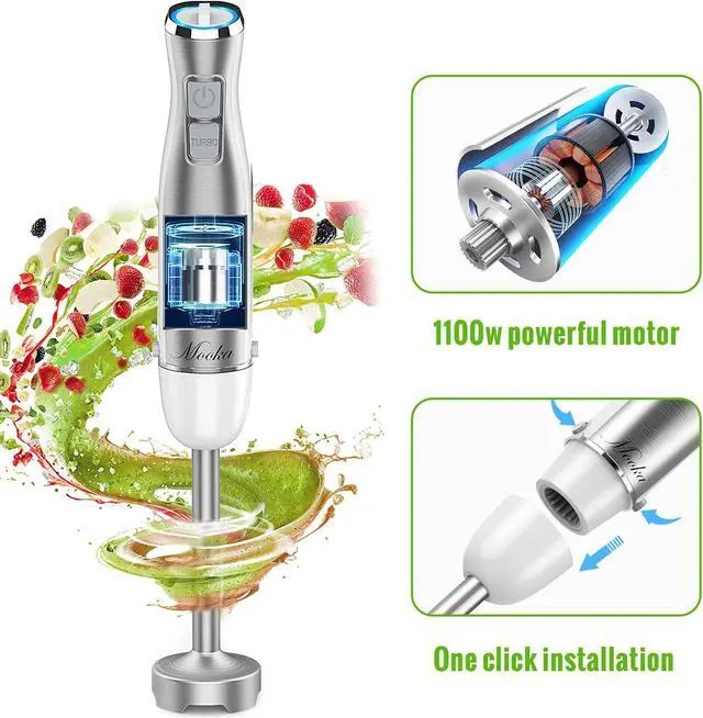 Alt view image 5 of 7 - MOOKA Hand Blender, 5-in-1 Multi-Purpose Immersion Blender, 1100W 12-Speed Stick Blender, 600ml Beaker, 500ml Food Chopper, Egg Whisk, Milk Frother, White
