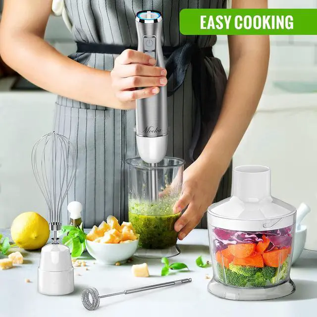 Alt view image 4 of 7 - MOOKA Hand Blender, 5-in-1 Multi-Purpose Immersion Blender, 1100W 12-Speed Stick Blender, 600ml Beaker, 500ml Food Chopper, Egg Whisk, Milk Frother, White