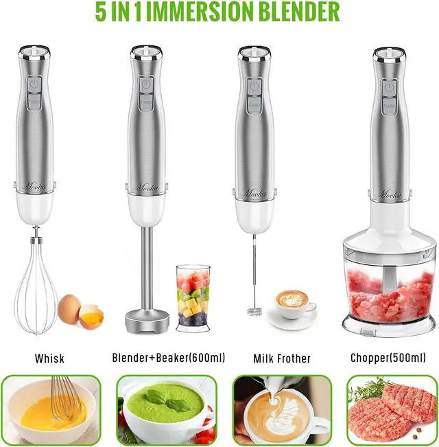 Alt view image 7 of 7 - MOOKA Hand Blender, 5-in-1 Multi-Purpose Immersion Blender, 1100W 12-Speed Stick Blender, 600ml Beaker, 500ml Food Chopper, Egg Whisk, Milk Frother, White