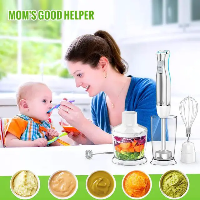 Alt view image 3 of 7 - MOOKA Hand Blender, 5-in-1 Multi-Purpose Immersion Blender, 1100W 12-Speed Stick Blender, 600ml Beaker, 500ml Food Chopper, Egg Whisk, Milk Frother, White