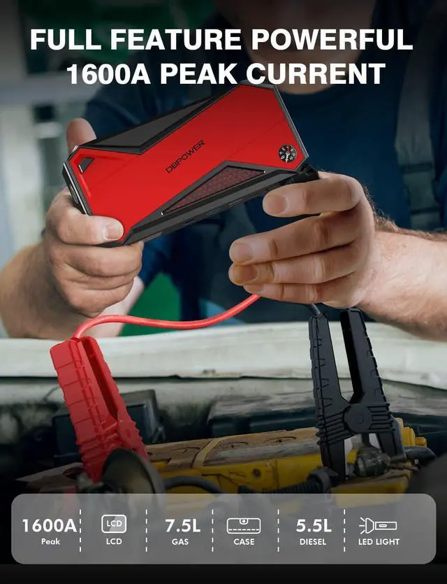 Alt view image 2 of 7 - DBPOWER Car Jump Starter, 1600A Peak 18000mAh Portable Power Pack for Up to 7.2L Gas and 5.5L Diesel Engines, 12V Auto Battery Booster with LCD Display, Compass, LED Light and Type C Port