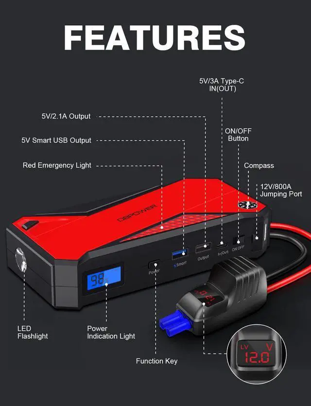Alt view image 6 of 7 - DBPOWER Car Jump Starter, 1600A Peak 18000mAh Portable Power Pack for Up to 7.2L Gas and 5.5L Diesel Engines, 12V Auto Battery Booster with LCD Display, Compass, LED Light and Type C Port