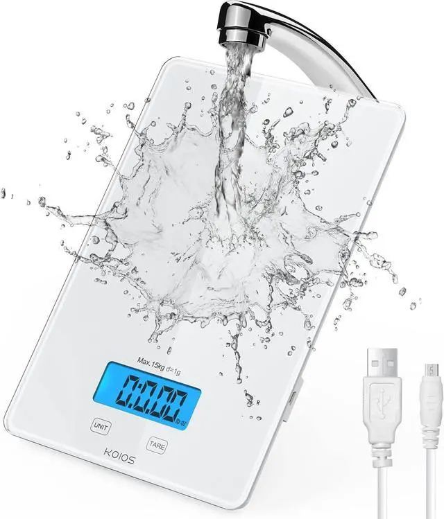 Main image of KOIOS USB Rechargeable Food Scale, 33lb/15Kg Kitchen Scale Digital Weight Grams and oz for Cooking Baking, 1g/0.1oz Precise Graduation, Waterproof Tempered Glass, 6 Weight Units, Tare Function