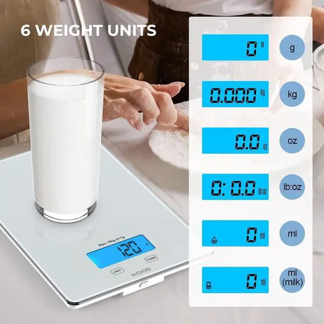 Alt view image 5 of 7 - KOIOS USB Rechargeable Food Scale, 33lb/15Kg Kitchen Scale Digital Weight Grams and oz for Cooking Baking, 1g/0.1oz Precise Graduation, Waterproof Tempered Glass, 6 Weight Units, Tare Function
