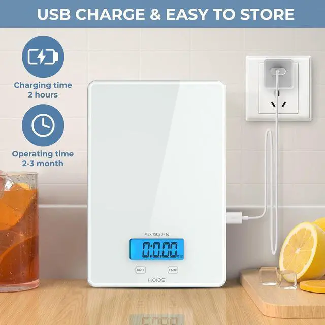 Alt view image 3 of 7 - KOIOS USB Rechargeable Food Scale, 33lb/15Kg Kitchen Scale Digital Weight Grams and oz for Cooking Baking, 1g/0.1oz Precise Graduation, Waterproof Tempered Glass, 6 Weight Units, Tare Function